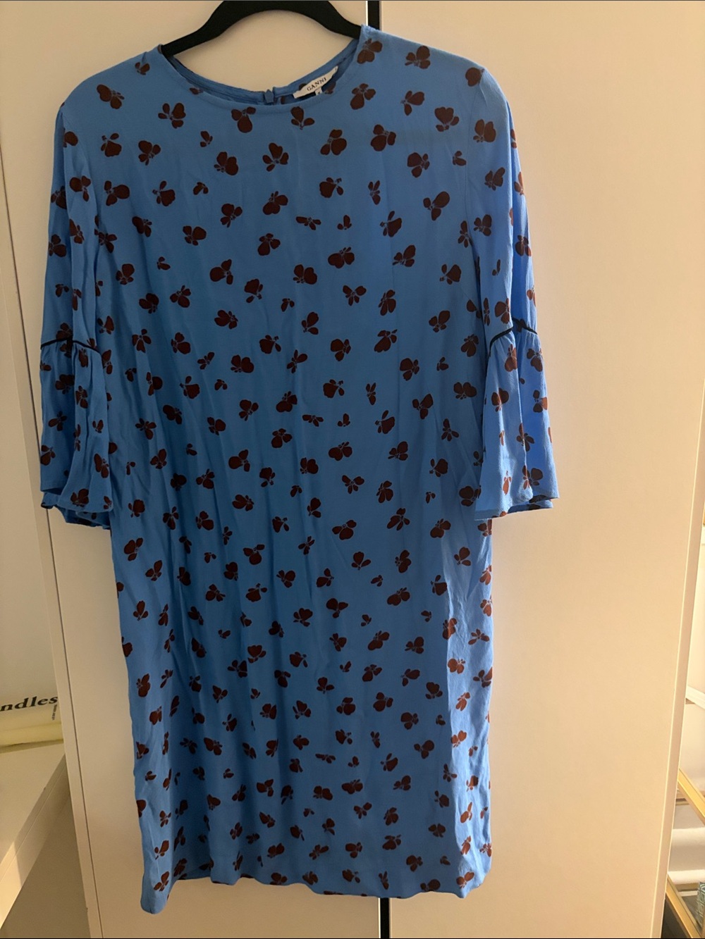 Ganni Blue Shift Dress with Brown Floral Motif